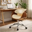 Pemberly Row 23 Inch Swivel Office Chair in Beige Faux Leather and Brown Wood