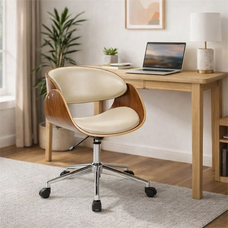 Pemberly Row 23 Inch Swivel Office Chair in Beige Faux Leather and Brown Wood
