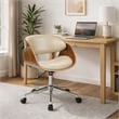 Pemberly Row 23 Inch Swivel Office Chair in Beige Faux Leather and Brown Wood