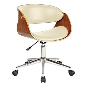 Pemberly Row 23 Inch Swivel Office Chair in Beige Faux Leather and Brown Wood