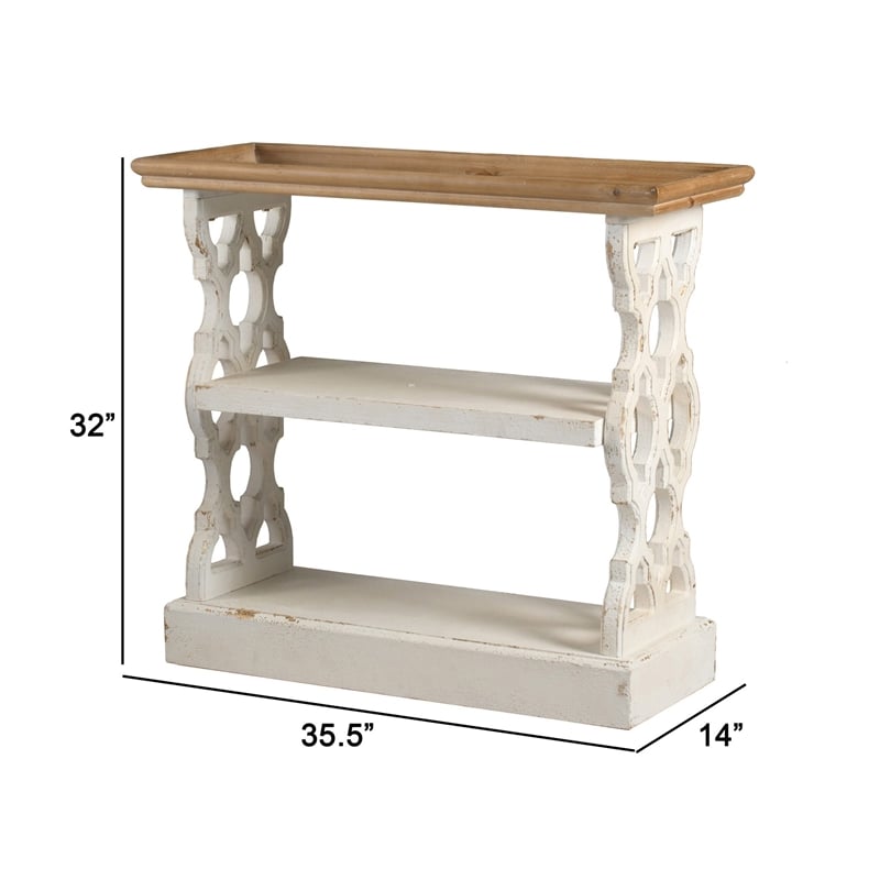 Pemberly Row 35 Inch 3 Tier Fir Wood Console Table with Carved Panels in Brown