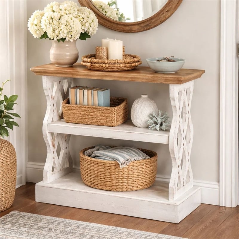 Pemberly Row 35 Inch 3 Tier Fir Wood Console Table with Carved Panels in Brown