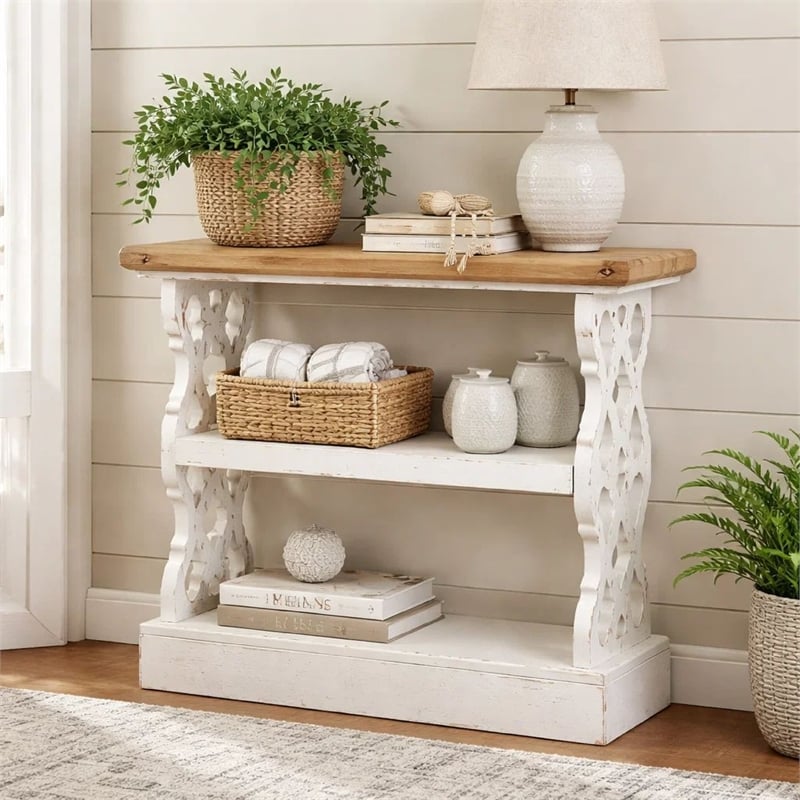 Pemberly Row 35 Inch 3 Tier Fir Wood Console Table with Carved Panels in Brown
