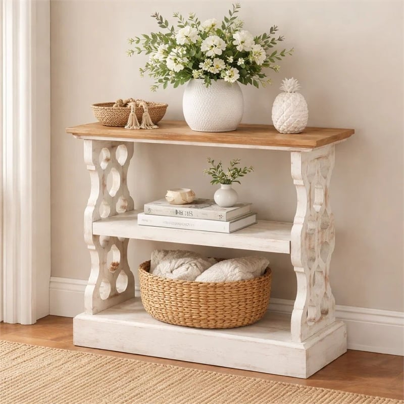 Pemberly Row 35 Inch 3 Tier Fir Wood Console Table with Carved Panels in Brown