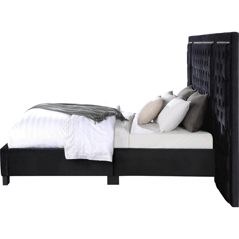Pemberly Row Queen Platform Bed w/ XL 3 Panel Crystal Tufted Headboard in Black