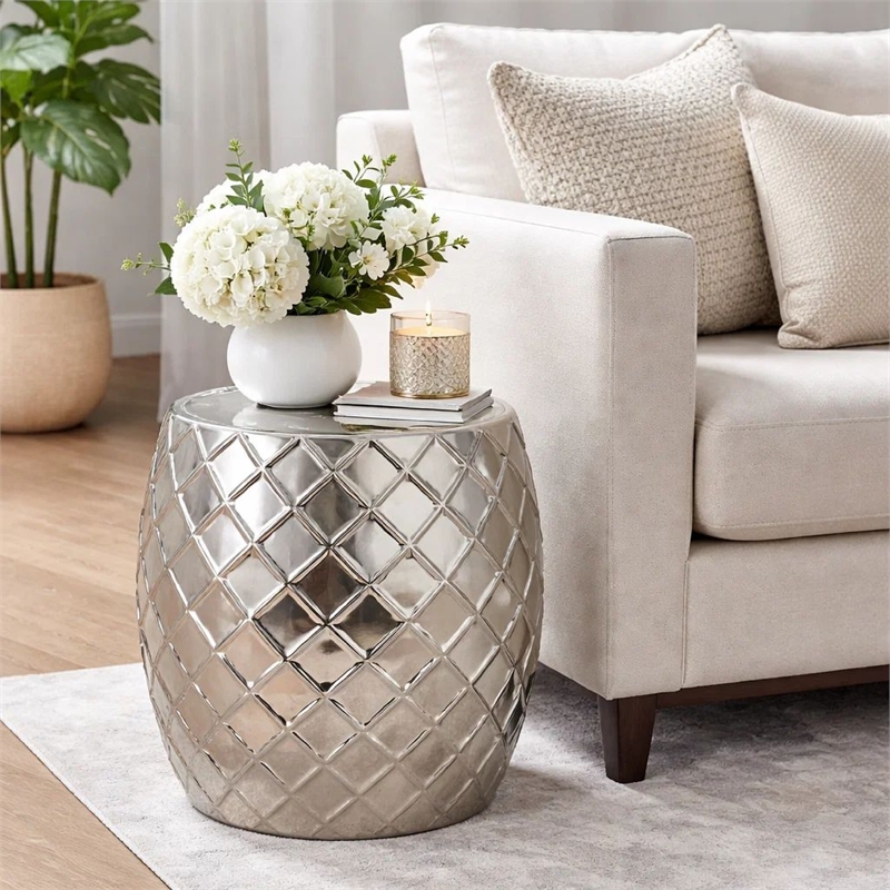 Pemberly Row 20 Inch Aluminum Drum Shape Stool Table in Silver