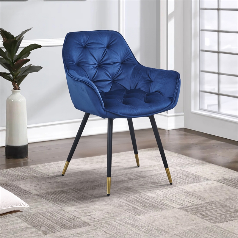 Pemberly Row Button Tufted Velvet Dining Chair Set of 2 in Blue and Black