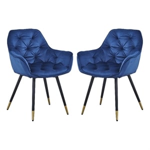 Pemberly Row Button Tufted Velvet Dining Chair Set of 2 in Blue and Black
