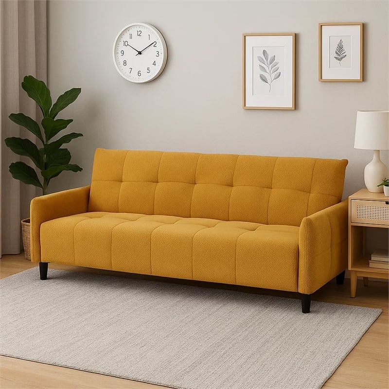 Pemberly Row 79 Inch Convertible Sofa Bed Futon with Tufted Cushions in Yellow