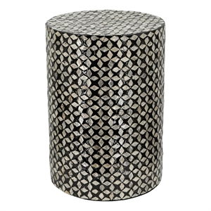 Pemberly Row 20&quot Cylindrical Capiz Accent Stool with Geometric Pattern in Silver
