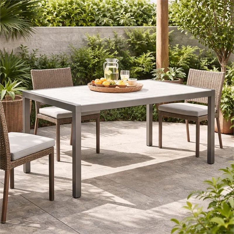Pemberly Row 71 Inch Outdoor Dining Table with Polyresin Top in White and Gray