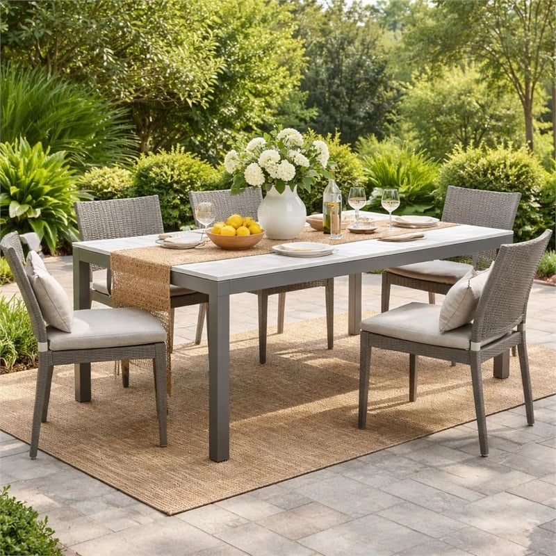 Pemberly Row 71 Inch Outdoor Dining Table with Polyresin Top in White and Gray