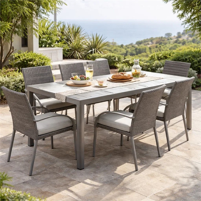 Pemberly Row 71 Inch Outdoor Dining Table with Polyresin Top in White and Gray