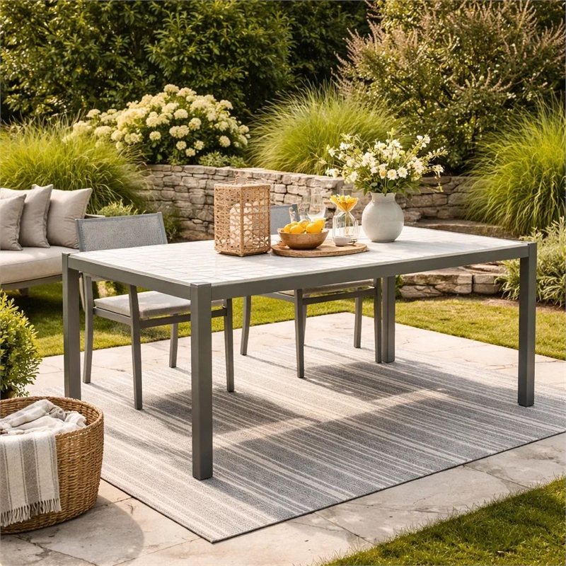 Pemberly Row 71 Inch Outdoor Dining Table with Polyresin Top in White and Gray
