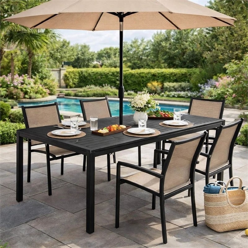 Pemberly Row 71 Inch Outdoor Dining Table with Polyresin Top in Black