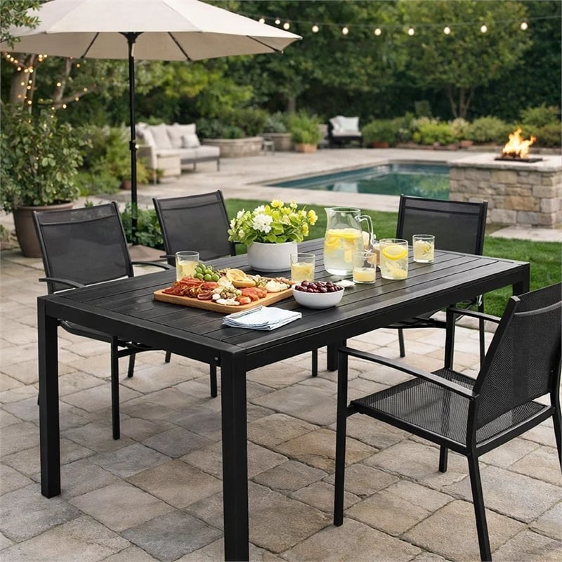 Pemberly Row 71 Inch Outdoor Dining Table with Polyresin Top in Black