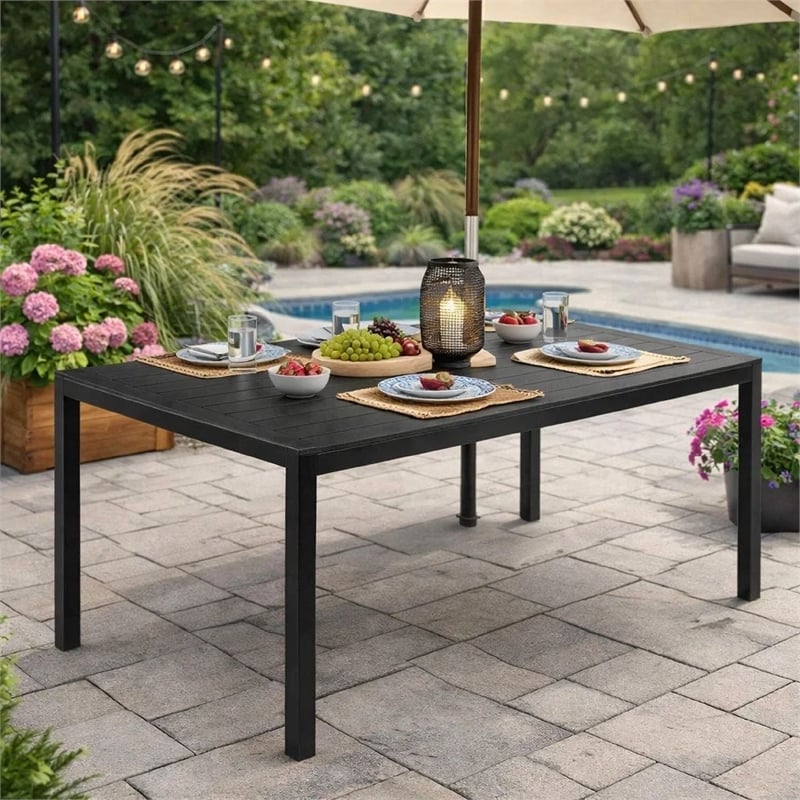Pemberly Row 71 Inch Outdoor Dining Table with Polyresin Top in Black