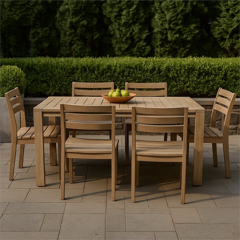 Pemberly Row 70 Inch Outdoor Dining Table with Plank Top in Natural Brown