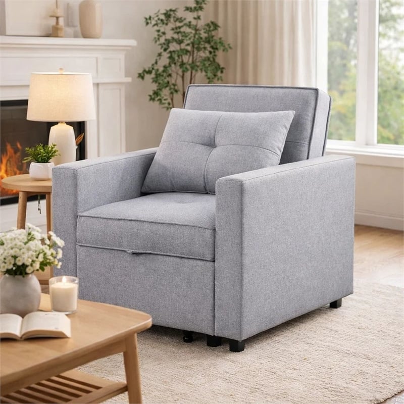 Pemberly Row 34 Inch Convertible Sleeper Armchair with Side Pocket in Light Gray
