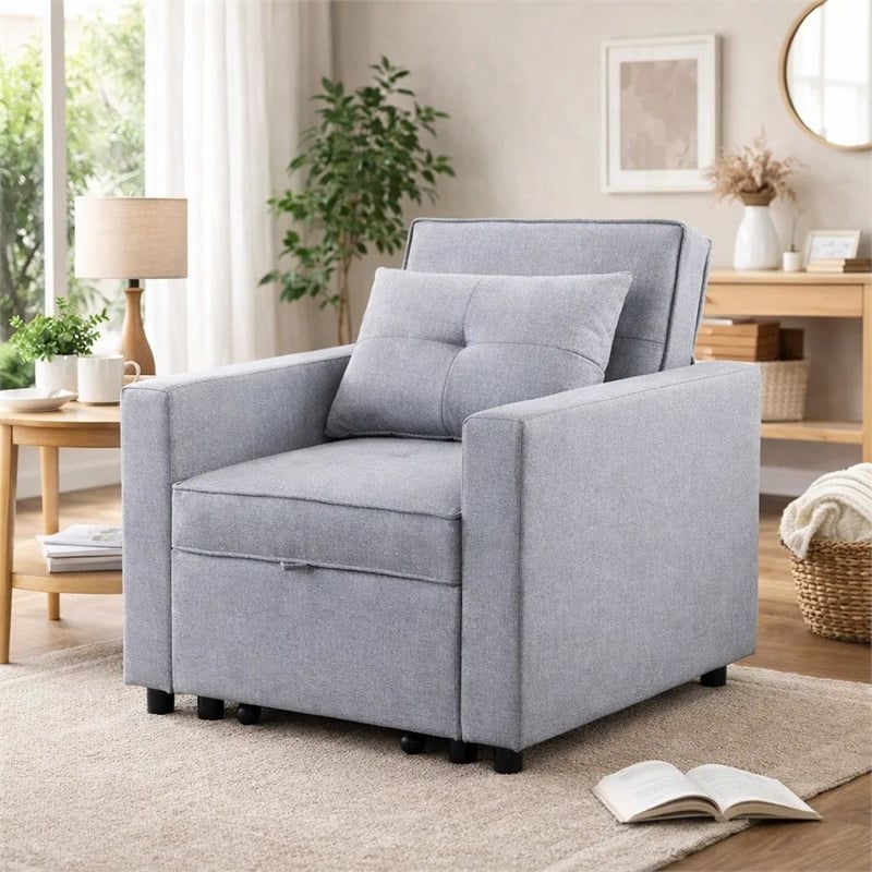 Pemberly Row 34 Inch Convertible Sleeper Armchair with Side Pocket in Light Gray