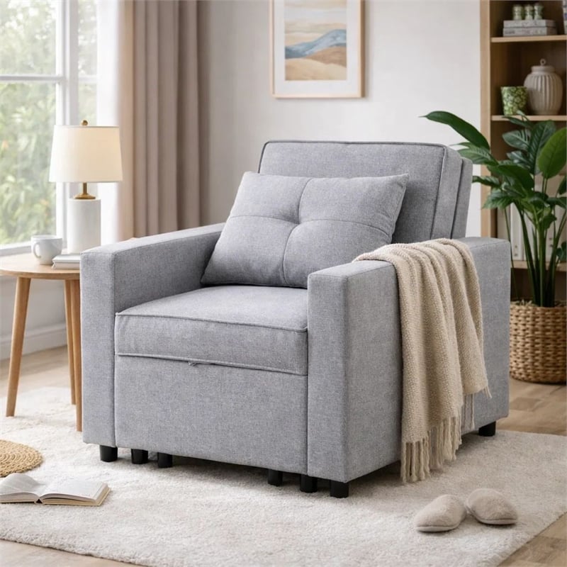 Pemberly Row 34 Inch Convertible Sleeper Armchair with Side Pocket in Light Gray