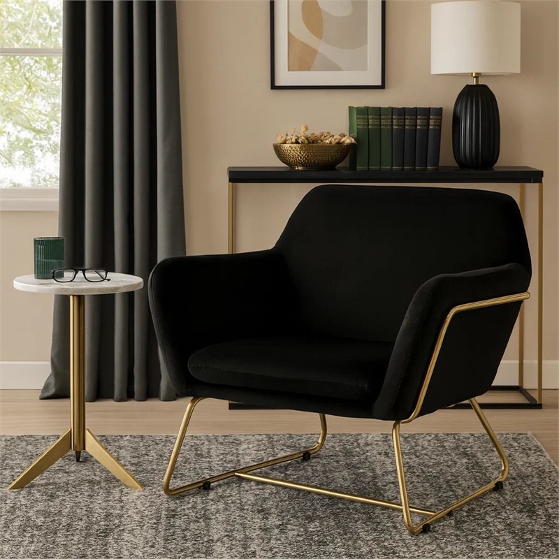 Pemberly Row 30 Inch Modern Accent Chair with Gold Metal Frame in Black Velvet