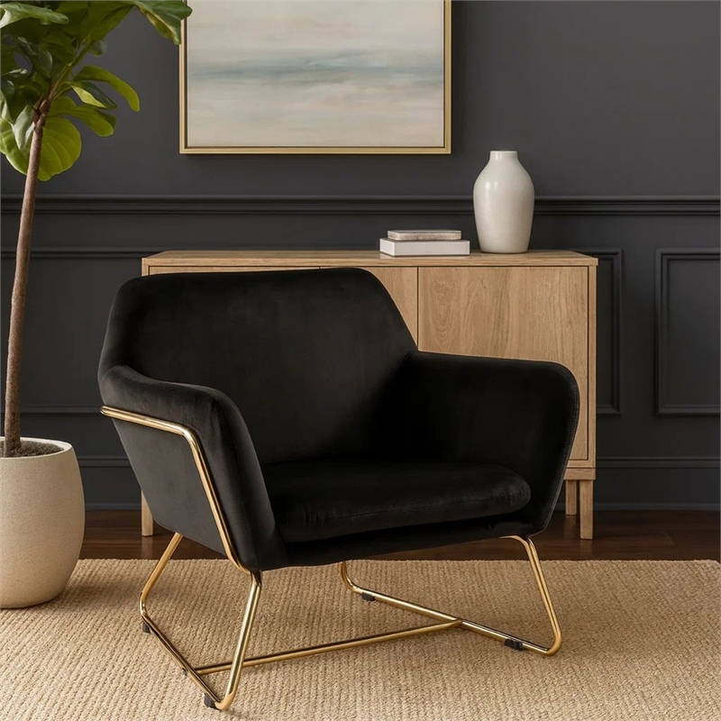 Pemberly Row 30 Inch Modern Accent Chair with Gold Metal Frame in Black Velvet