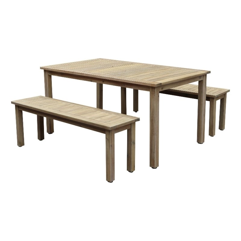 Pemberly Row 3 Piece Acacia Wood Dining Set with Benches in Natural Brown