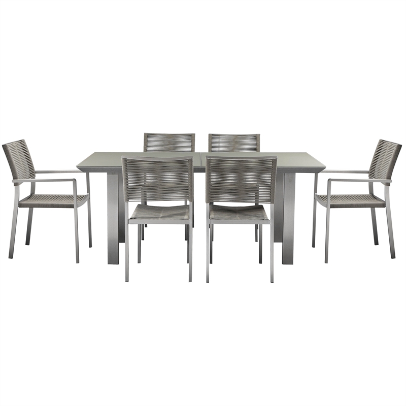 Pemberly Row 7 Piece Aluminum Outdoor Dining Set with Rope Weave Chairs in Gray