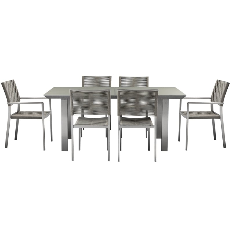 Pemberly Row 7 Piece Aluminum Outdoor Dining Set with Rope Weave Chairs in Gray