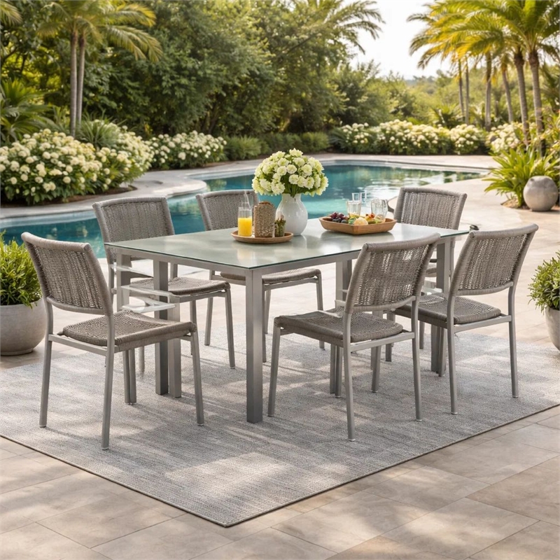 Pemberly Row 7 Piece Aluminum Outdoor Dining Set with Rope Weave Chairs in Gray