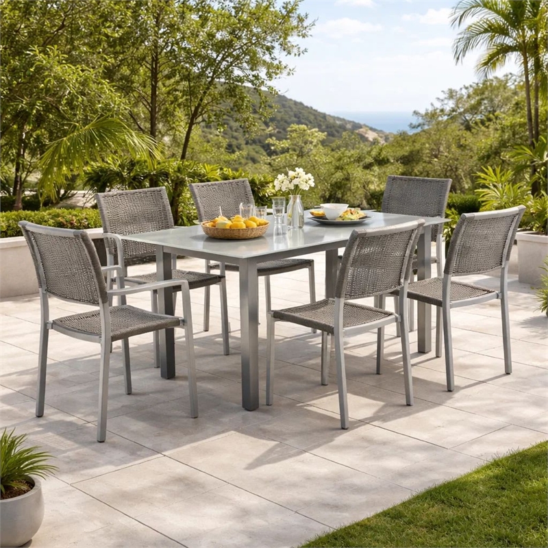 Pemberly Row 7 Piece Aluminum Outdoor Dining Set with Rope Weave Chairs in Gray