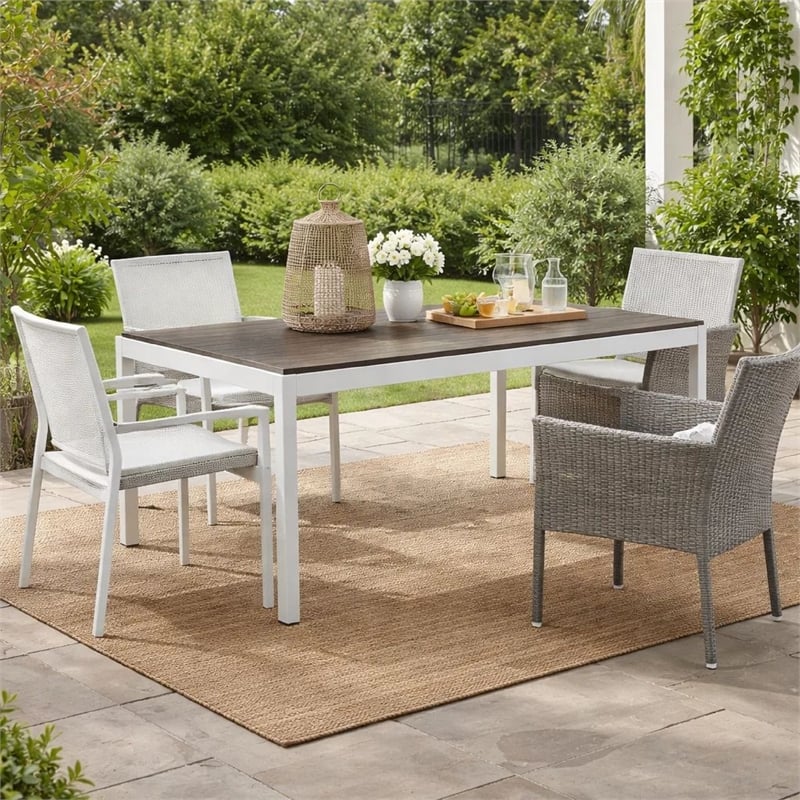 Pemberly Row 71 Inch Outdoor Dining Table with Umbrella Hole in Gray and White