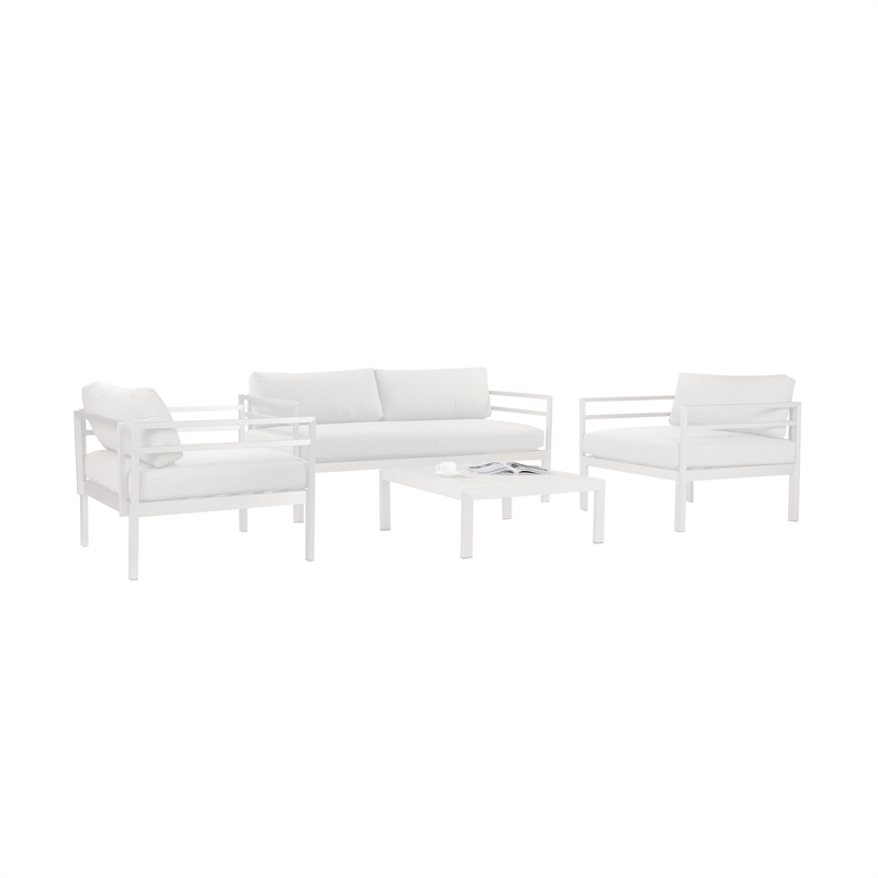 Pemberly Row 4 Piece Aluminum Outdoor Sofa Set with Fabric Cushions in White