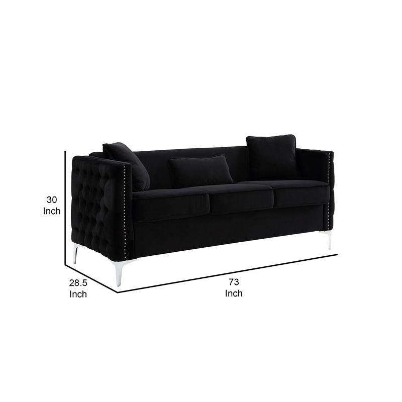 Pemberly Row 73 Inch Nailhead Trim Sofa with Pocket Coil Springs in Black Velvet