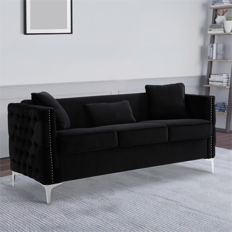 Pemberly Row 73 Inch Nailhead Trim Sofa with Pocket Coil Springs in Black Velvet