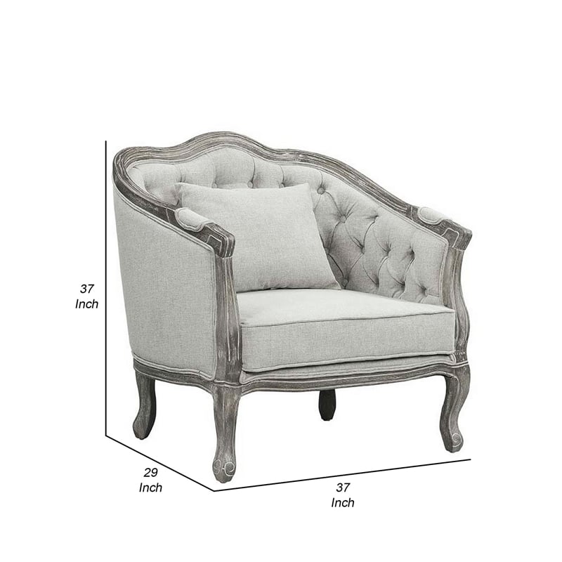 Pemberly Row 37 Inch Button Tufted Accent Chair with Cabriole Legs in Gray Linen