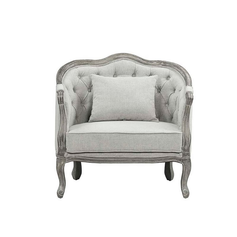 Pemberly Row 37 Inch Button Tufted Accent Chair with Cabriole Legs in Gray Linen