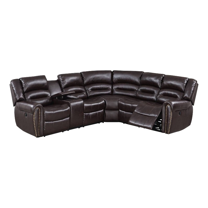 Pemberly Row Power Reclining Sectional Sofa with USB Ports in Brown Leather