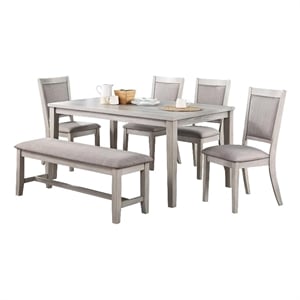 Pemberly Row 6 Piece Dining Set with Table 4 Chairs and Bench in Warm Gray