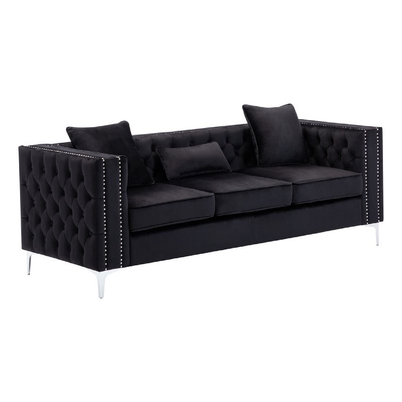 Pemberly Row 86 Inch Chesterfield Sofa with Nailhead Trim in Black Velvet