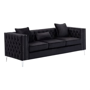 Pemberly Row 86 Inch Chesterfield Sofa with Nailhead Trim in Black Velvet