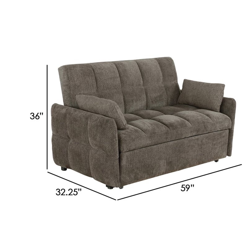 Pemberly Row 59 Inch Sleeper Sofa Futon with Grid Tufting and Pillows in Brown