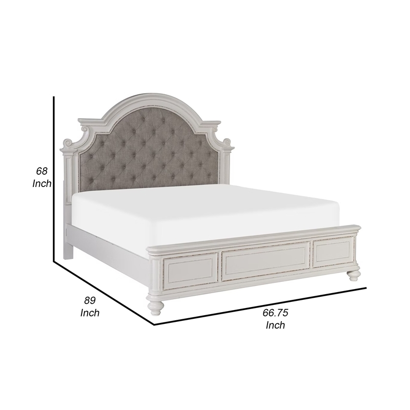 Pemberly Row Queen Bed with Button Tufted Headboard & Carved Details in White