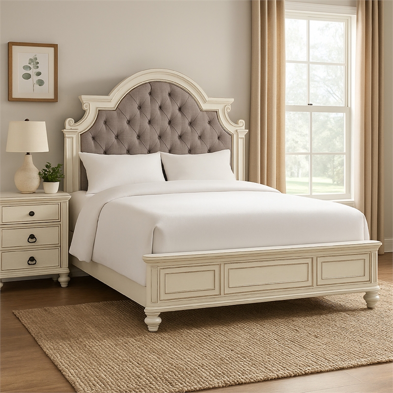 Pemberly Row Queen Bed with Button Tufted Headboard & Carved Details in White