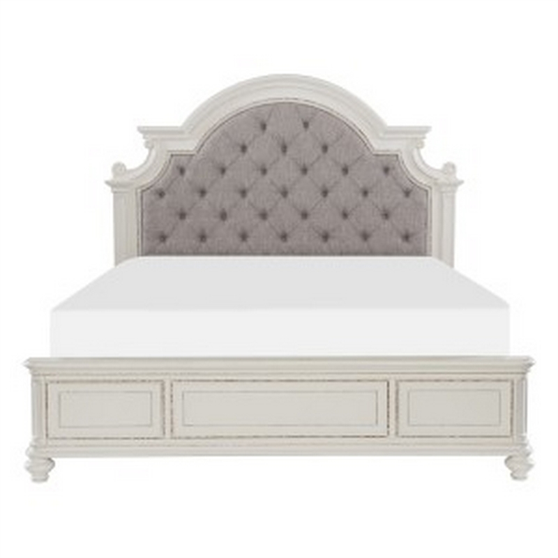 Pemberly Row Queen Bed with Button Tufted Headboard & Carved Details in White