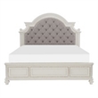 Pemberly Row Queen Bed with Button Tufted Headboard & Carved Details in White