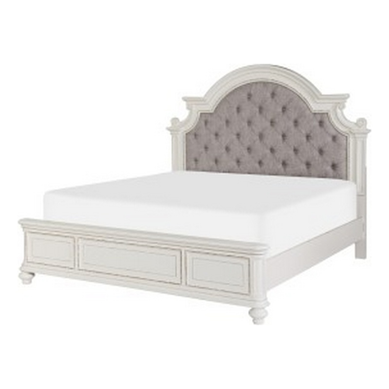 Pemberly Row Queen Bed with Button Tufted Headboard & Carved Details in White