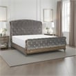 Pemberly Row Queen Sleigh Bed w/ Tufted Rolled Headboard & Nailhead Trim in Gray
