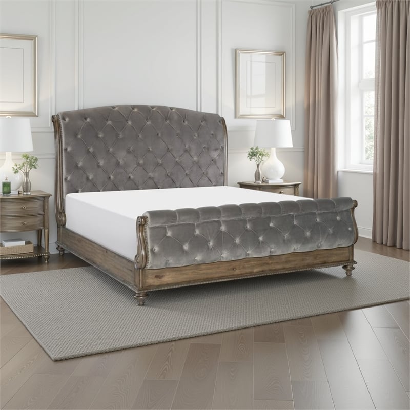 Pemberly Row Queen Sleigh Bed w/ Tufted Rolled Headboard & Nailhead Trim in Gray